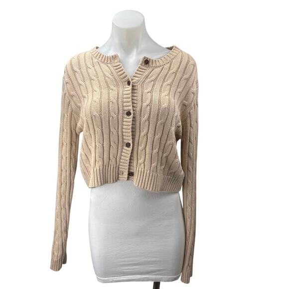 Nati Women's Brown Tan Cable Knit Button Long Sleeve Crop Cardigan Sweater Top L - Picture 1 of 5